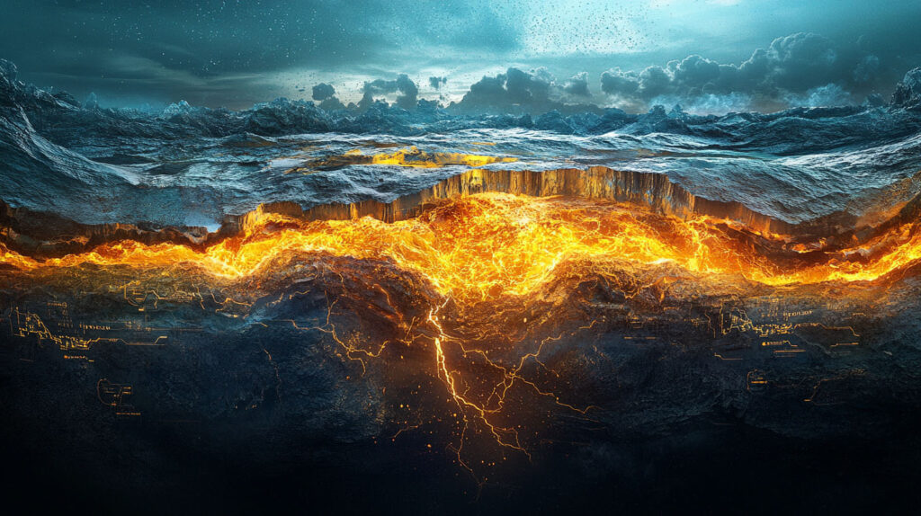 Concept illustration of a cross-section of a volcanic subduction zone along the Pacific Ring of Fire. The image showcases magma ascending from the Earth's mantle, rich with a glowing, golden hue to represent gold-enriched deposits. Image credit: Nicole Smith, made with Midjourney