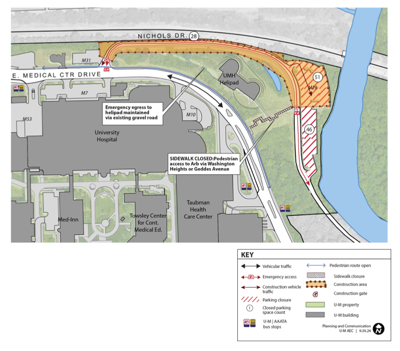 A map showing upcoming construction on U-M's campus