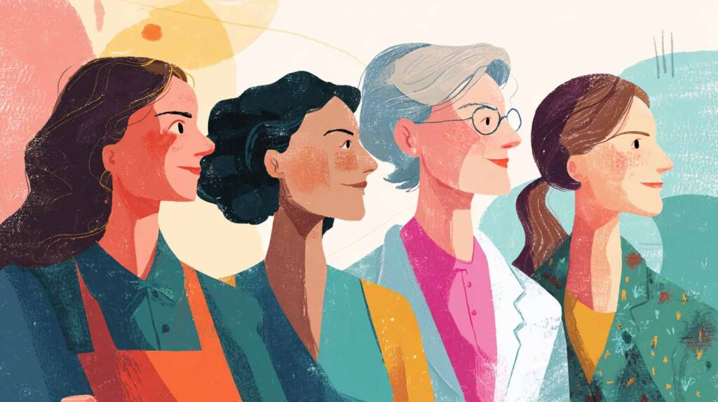 Concept illustration of a group of moms who are scientists advocating for climate change solutions via conversation. Image credit: Nicole Smith, made with Midjourney