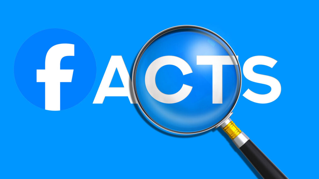 Magnifying glass looking at the word Facts, which begins with the Facebook "f" logo. Image credit: iStock, with edits by Nicole Smith
