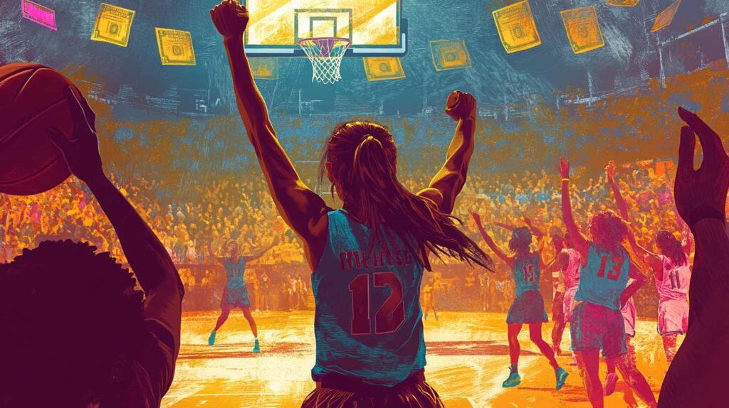 Concept illustration of a women's basketball game in a crowded auditorium with jubilant players and money floating above. Image credit: Nicole Smith, made with Midjourney