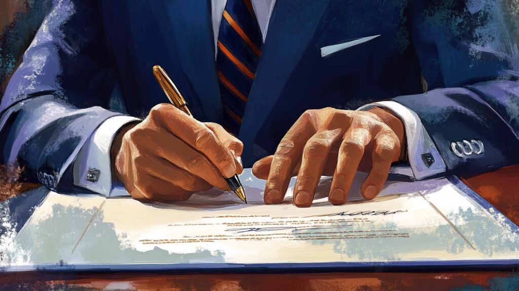 Concept illustration of a close-up of hands belonging to a man in a suit signing an executive order. Image credit: Nicole Smith, made with Midjourney