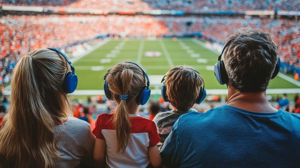 Concept photo of a family of football fans wearing ear protection at a game. Image credit: Nicole Smith, made with Midjourney