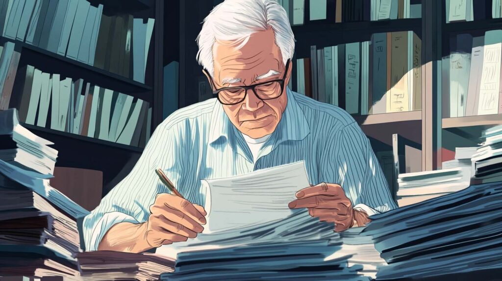 Concept illustration of an elderly man filing his taxes. Image credit: Nicole Smith, made with Midjourney