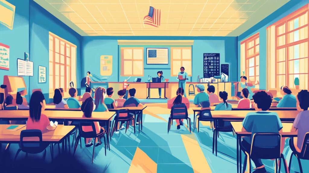 Concept illustration of a classroom. Image credit: Nicole Smith, made with Midjourney
