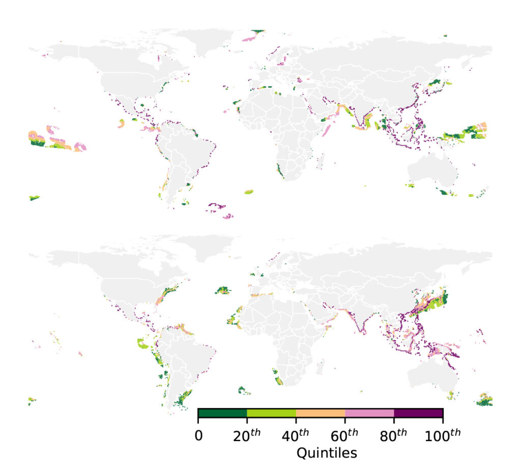 Two maps show the best-case and worst-case scenarios for mariculture development for its cumulative impact on global biodiversity. The worst-case scenario shows more farms building up along the continental coasts and a northeastern Atlantic Ocean. In the best-case scenario, there is more mariculture in the central Pacific Ocea and south Atlantic.