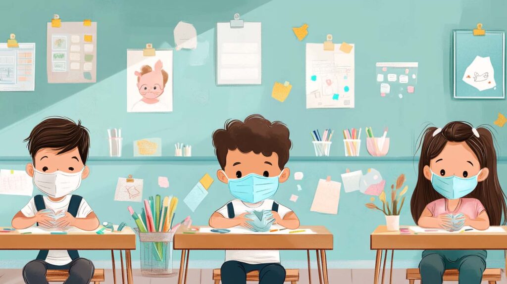 Concept illustration of young students wearing masks in a classroom. Image credit: Nicole Smith, made with Midjourney