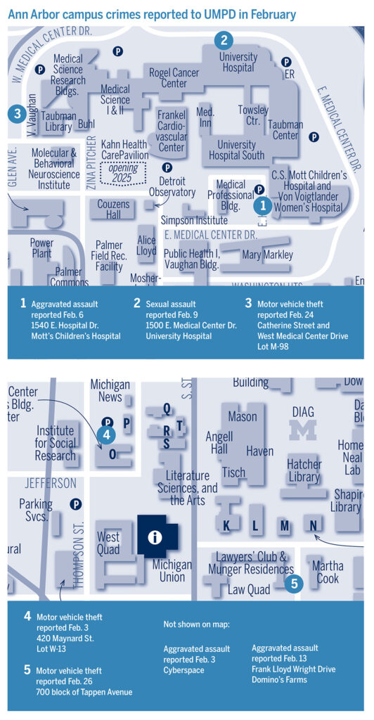A map showing locations of crimes reported around U-M's campus in February