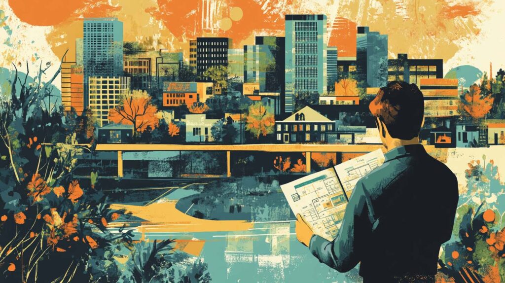 Concept illustration of a city manager surveying a smaller city in decline while consulting notes. Image credit: Nicole Smith, made with Midjourney