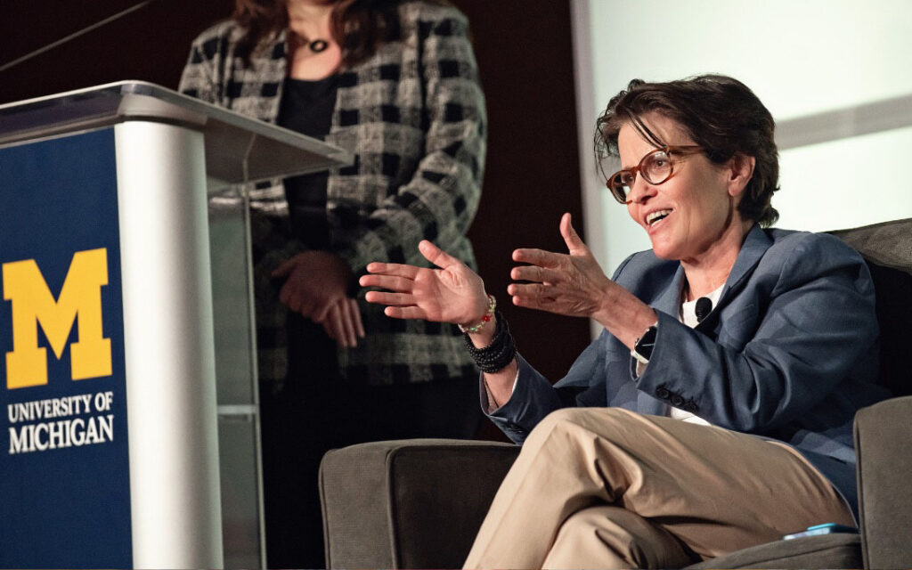 Kara Swisher on the stage of Rackham Auditorium, for the event "An Evening with Kara Swisher, in conversation with Mary Barra". Image credit: Leisa Thompson