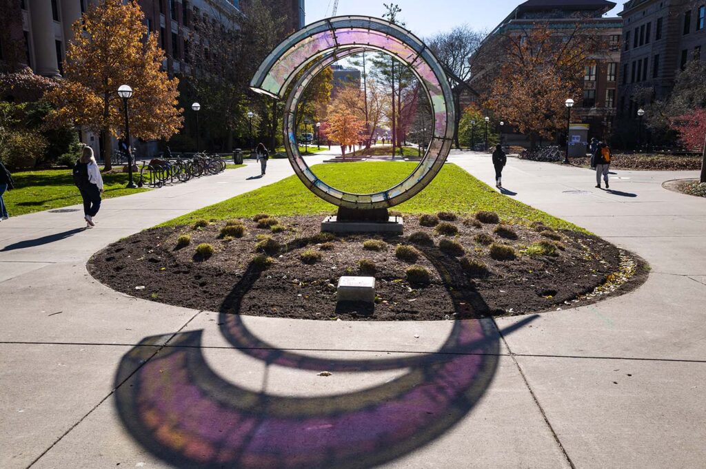 Sculpture, Arriving Home, in the fall on the University of Michigan campus. Image credit: Christopher Billick/VP Communications, University of Michigan