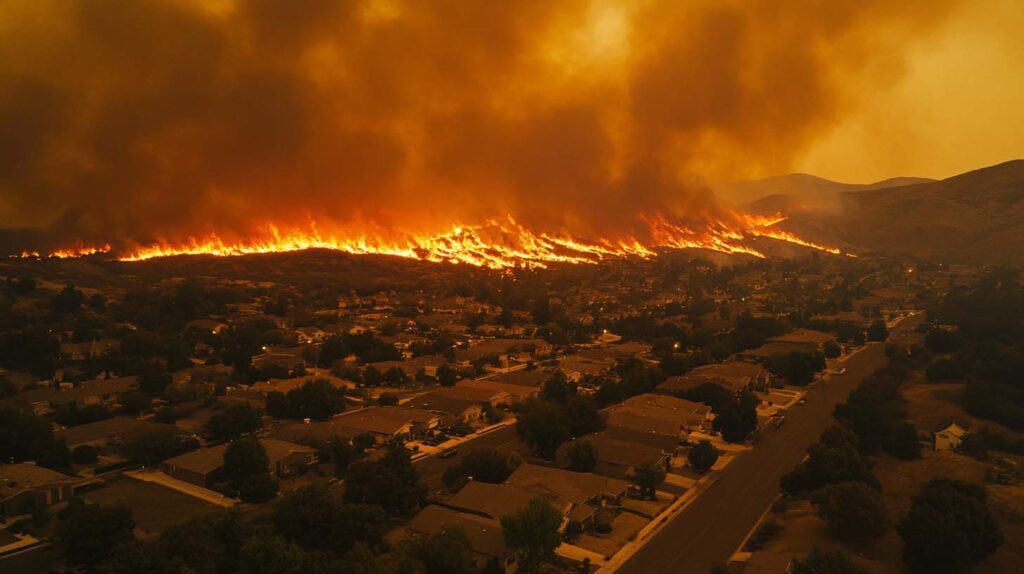 Concept photo of a wildfire approaching an urban area. Image credit: Nicole Smith, made with Midjourney