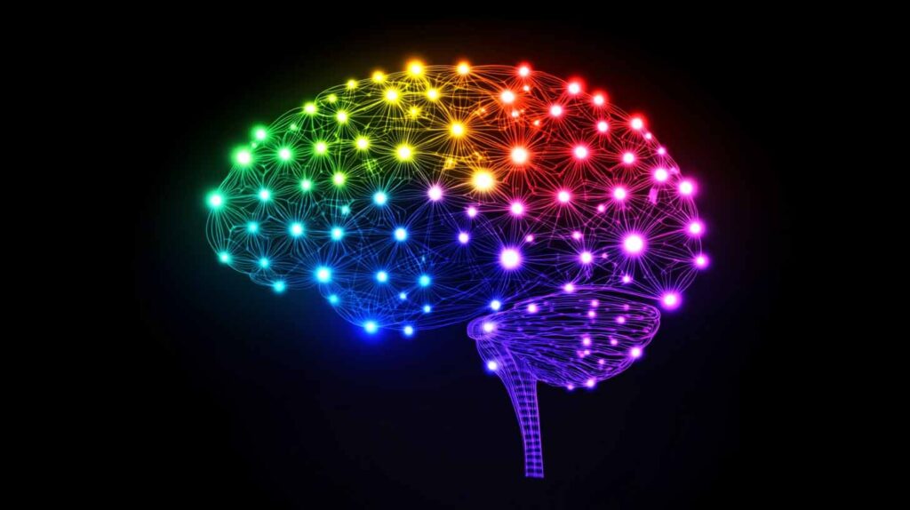Concept illustration of a brain lit up with mutlicolor synapses. Image credit: Nicole Smith, made with Midjourney