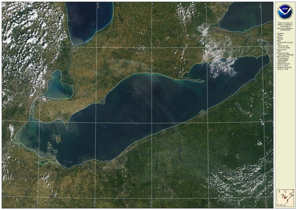 Satellite image of Lake Erie. Image credit: NOAA Great Lakes CoastWatch MODIS Satellite Image - July 6, 2020