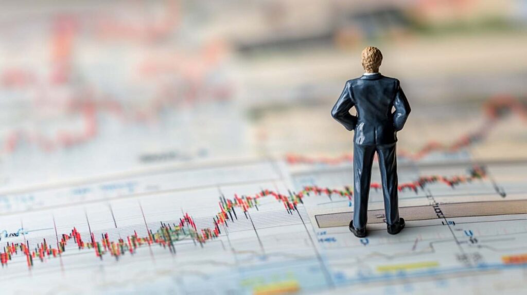 Concept illustration of a plastic figure standing on several paper charts depicting economic uncertainty. Image credit: Nicole Smith, made with Midjourney