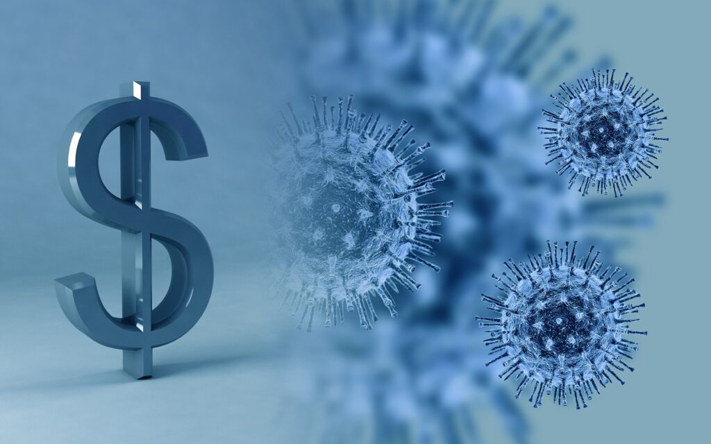 Concept photo of a dollar sign and coronavirus cells. Image credit: fernandozhiminaicela, Pixabay.com