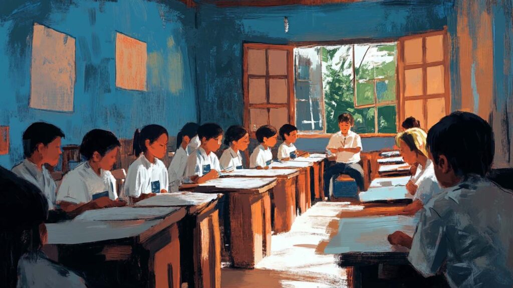 Concept illustration of a classroom in the Philippines. Image credit: Nicole Smith, made with Midjourney