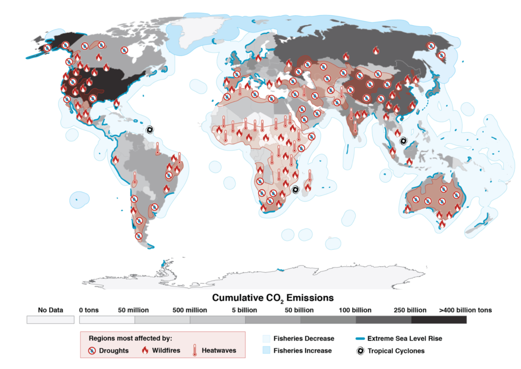 A map of the world shows emissions by country in grayscale—darker countries are higher emitters—while blue shading in the water indicates impacts on sea level rise along coasts and on fisheries away from land. The maps shows how low emitters, in Africa for example, can still be hit hard by the impacts of climate change.