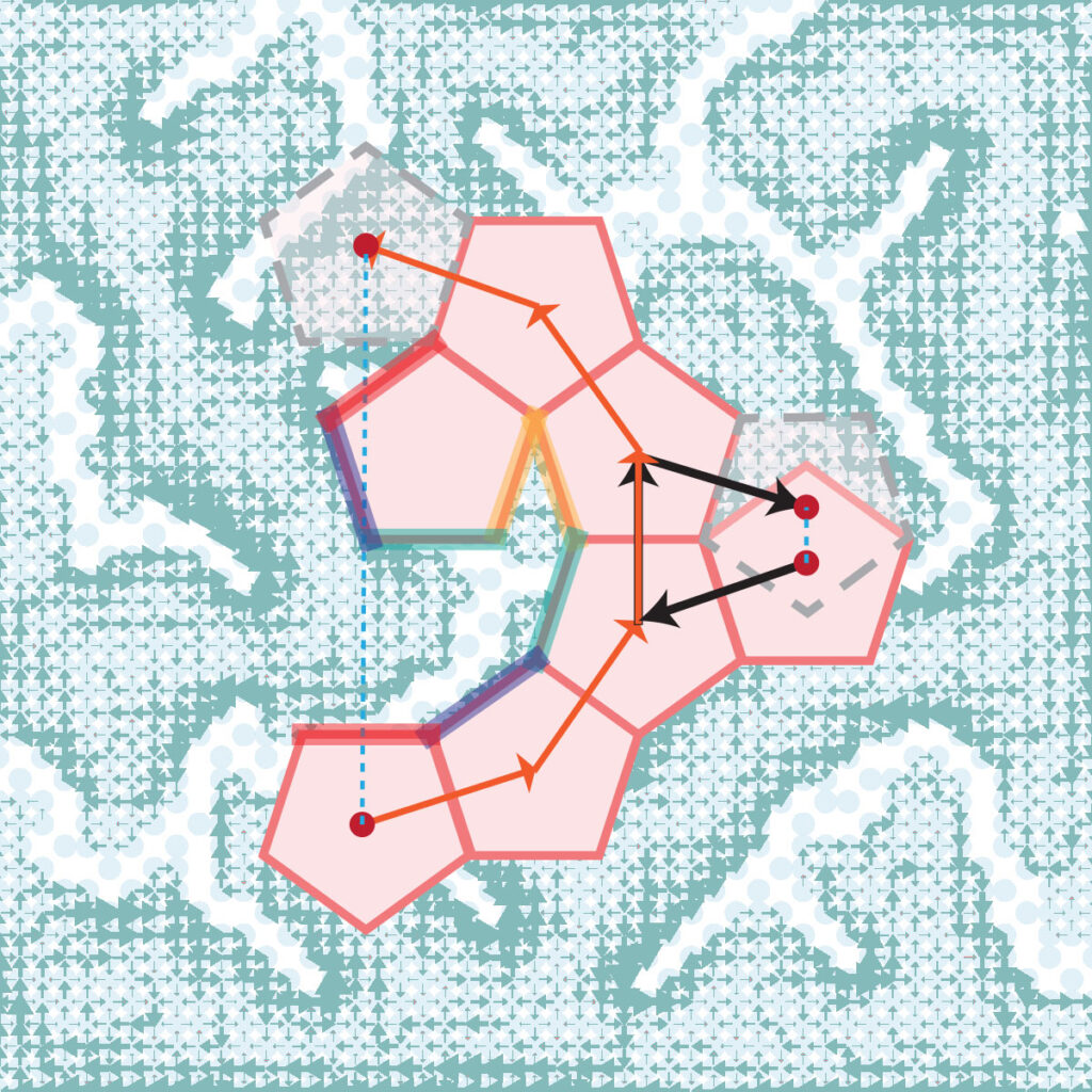 A pattern of red pentagons is laid out on a flat surface showing how, when their edges are perfectly aligned, the pentagonal tiles cannot perfectly cover the surface without gaps. Beneath the pentagons, also serving as an aesthetic background, is an example of a more complex "frustrated" structure from University of Michigan modeling research. The model's building blocks are shown as teal arrows, which are packed densely in some areas (shown as darker colors) and completely missing in others. These voids form branching patterns in the structure.