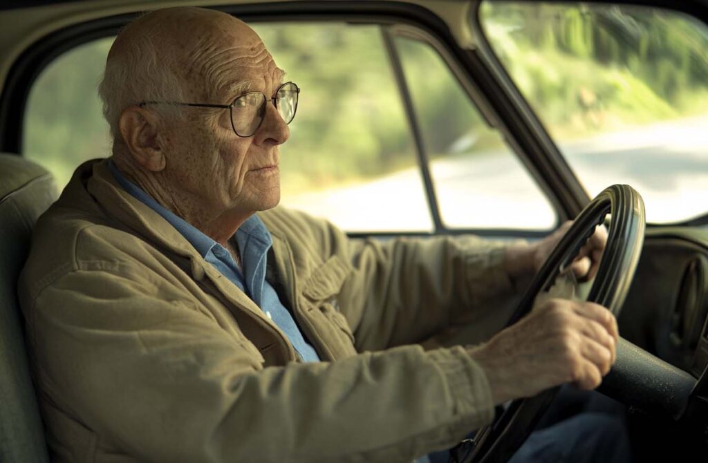 Concept photo of photo of an elderly man driving in his car, looking out the window with wrinkles on his face and glasses. Image credit: Nicole Smith, made with Midjourney