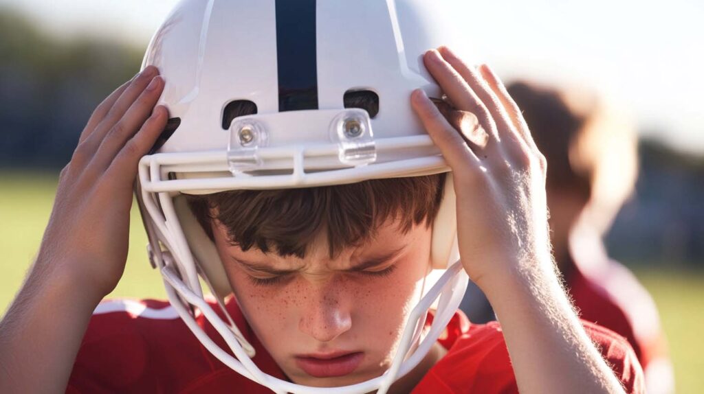 Concept photo of a young athlete in a helmet with his hands on his head and a cringing expression. Image credit: Nicole Smith, made with Midjourney