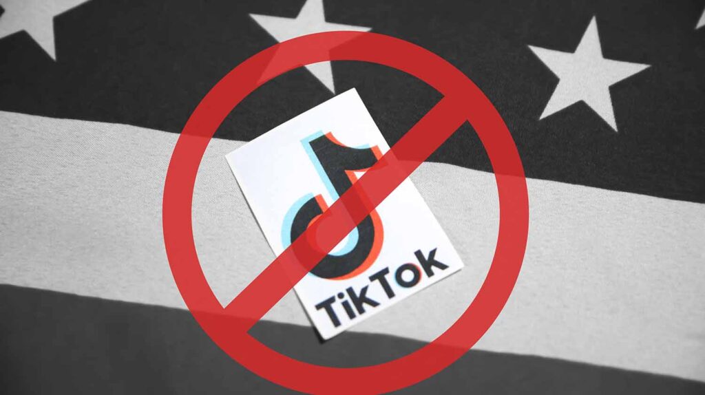  Tiktok Ban concept background in black and white color with red sign, illustrative editorial. American flag with Tiktok concept. Image credit: visuals6x - stock.adobe.com