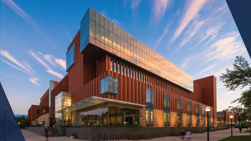 Exterior of the Ross School of Business building exterior at sunset. Image courtesy: U-M Ross School of Business