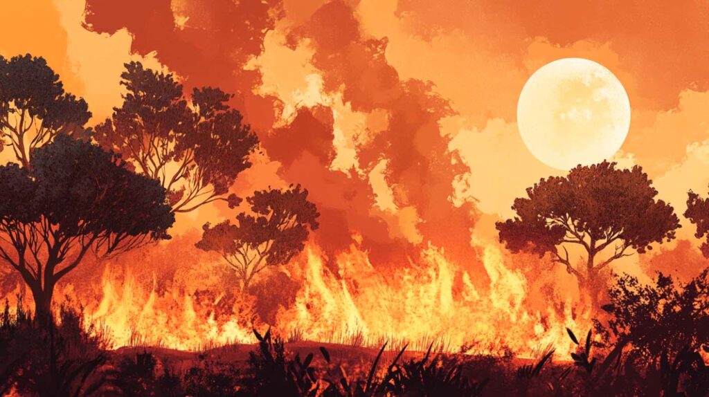 Concept illustration of wildfires, windstorms and heatwaves. Image credit: Nicole Smith, made with Midjourney