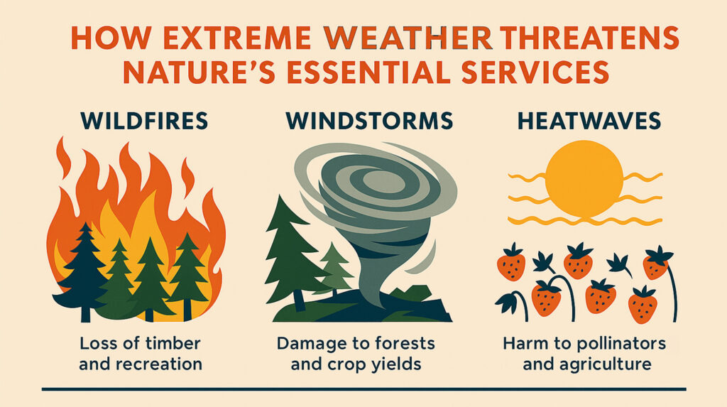 Graphic depicts how extreme weather threatens nature's essential services: loss of timber, damage to forests and crops, and harm to pollinators and agriculture.