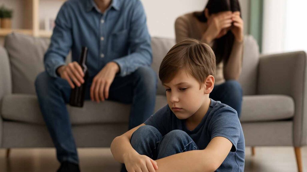 Concept photo of a child and parents with implied substance abuse in the home. Image credit: Nicole Smith, made with Midjourney