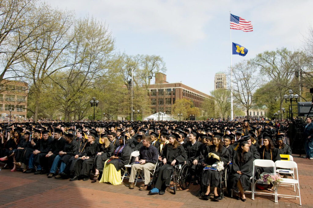 Students seated on the Diag for the 2008 Spring Commencement
