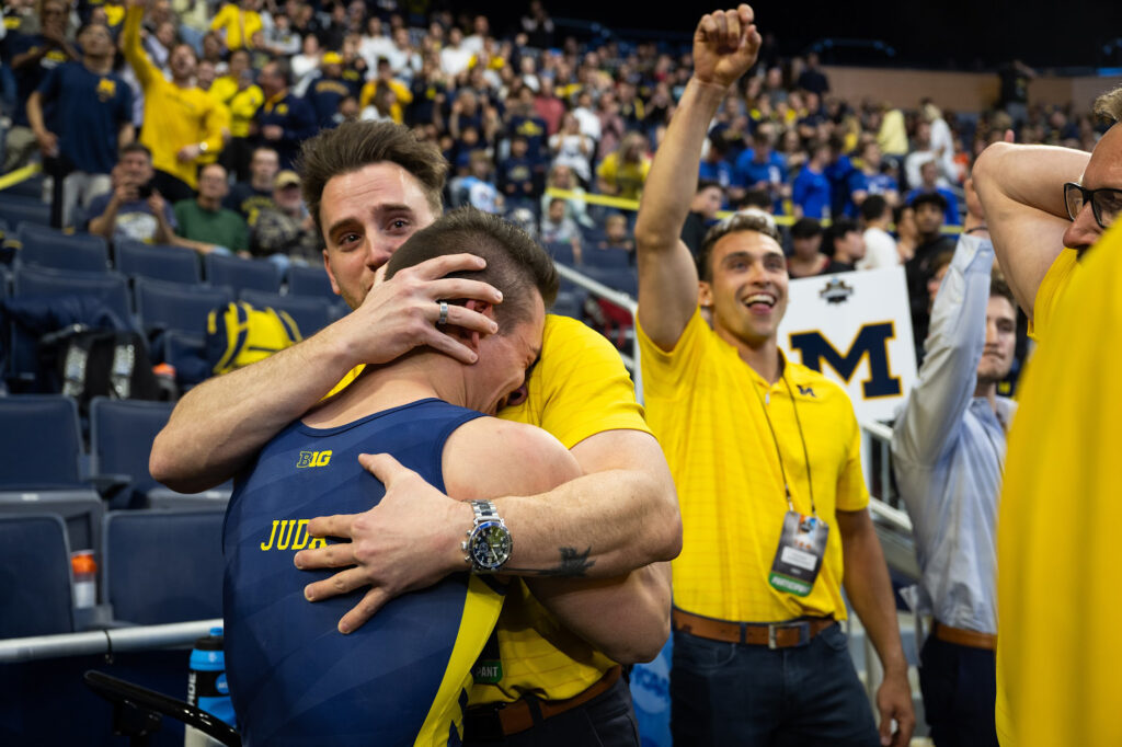 Jordan Gaarenstroom and Paul Juda at the 2025 men's gymnastics NCAA finals