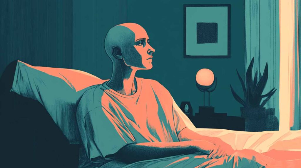 Concept illustration of an adult cancer survivor suffering from depression. Image credit: Nicole Smith, made with Midjourney