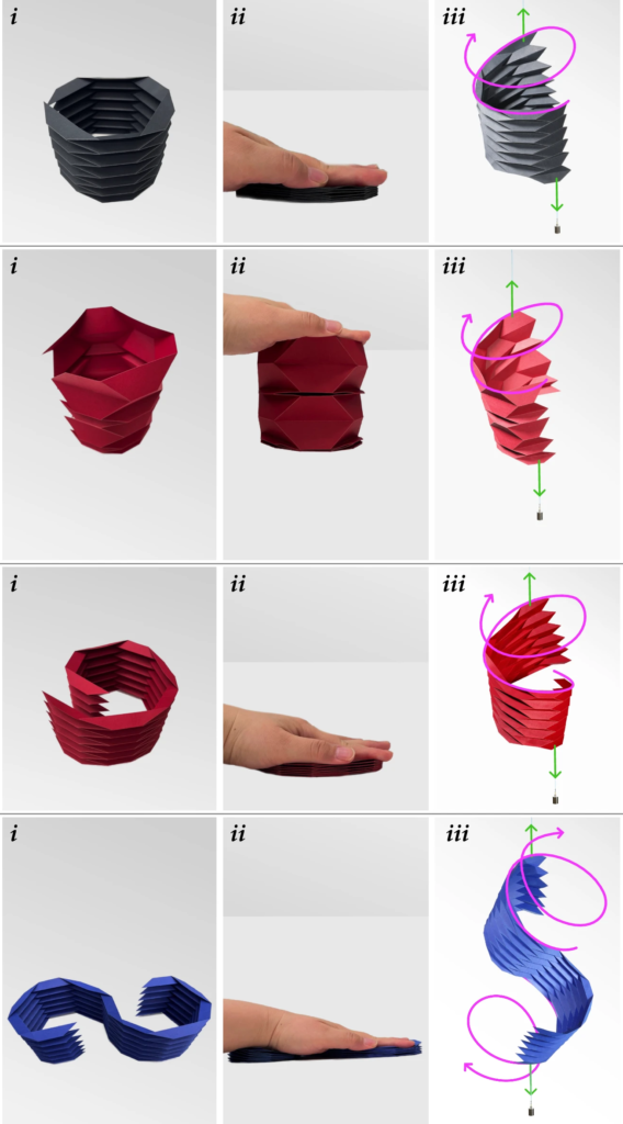 Four different examples of origami structures made from trapezoidal subunits are shown: two cylinders, a coil and and s-shape. A panel next to the shapes shows each structure being pressed flat by a hand, except one of the cylinders is folded in such a way that it withstands the force of the hand. In a final panel, the shapes are shown stretched out by pulling their ends in opposite directions.