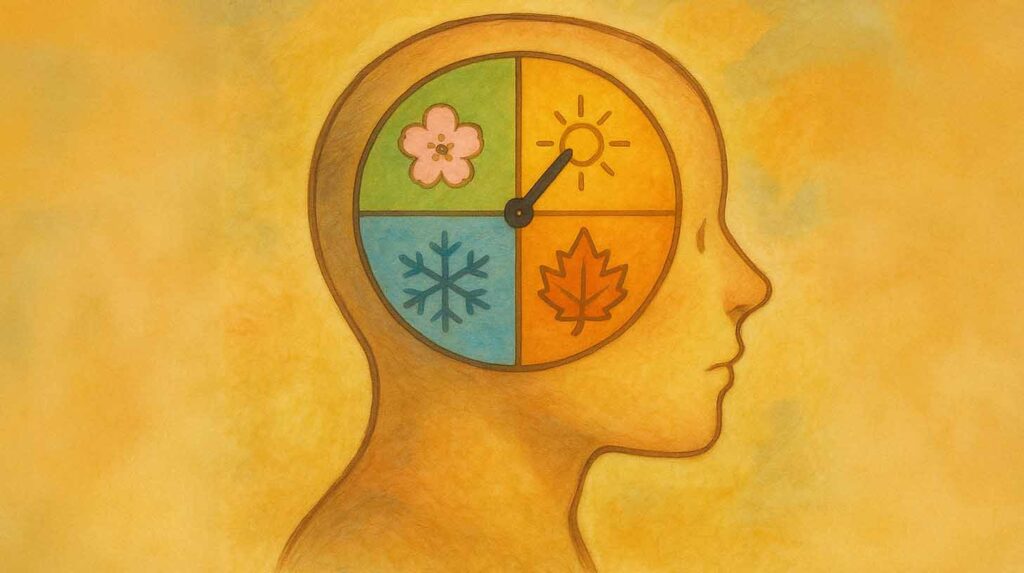 An illustration shows a dial inside a person's mind that's split into quarters, each representing a season. A sun in one quadrant represents summer, next is a red leaf to represent fall, followed by a snowflake for winter and then a pink flower for spring.