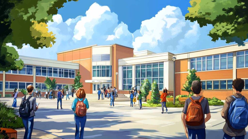 Concept of a junior high school bustling with students. Image credit: Nicole Smith, made with Midjourney