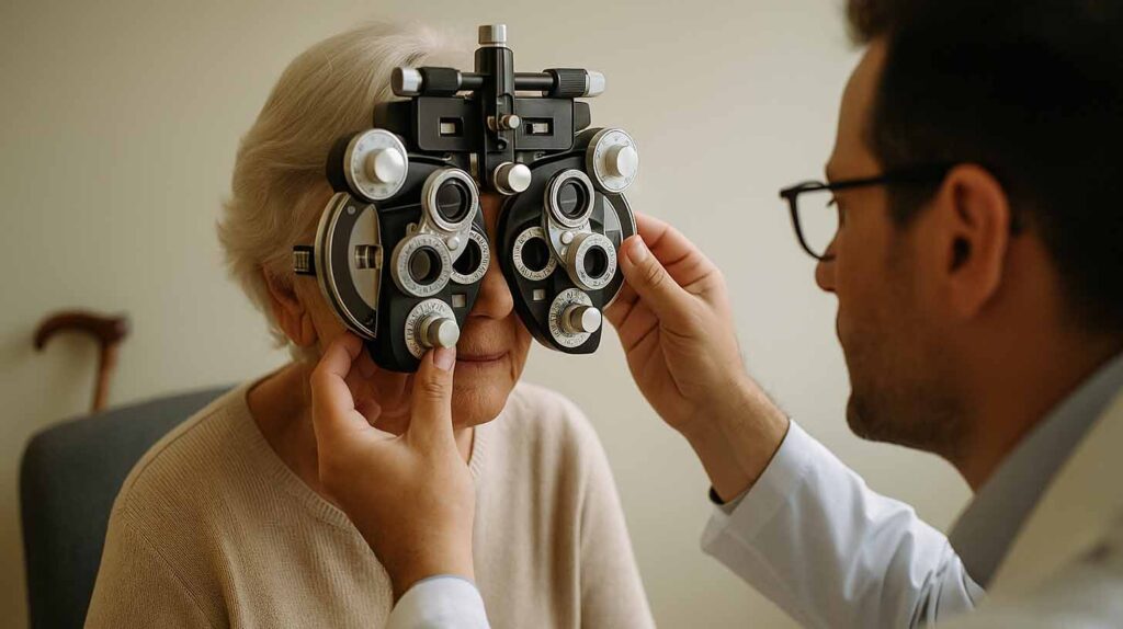 An older woman getting an eye exam, with her cane leaning against the wall behind her. Image credit: Nicole Smith, made with Midjourney