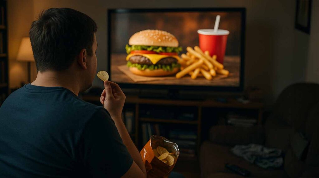 Concept illustration of highly-processed food advertising. Image credit: Nicole Smith, made with ChatGPT