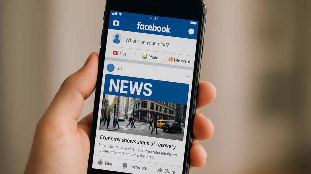 Concept photo of a Facebook news feed. Image credit: Nicole Smith, made with ChatGPT