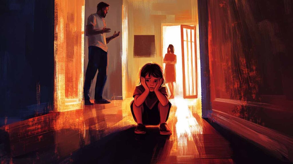 Concept photo of a sad young child sits on the floor in a dim hallway, covering her ears, while her parents argue nearby. Image credit: Nicole Smith, made with Midjourney