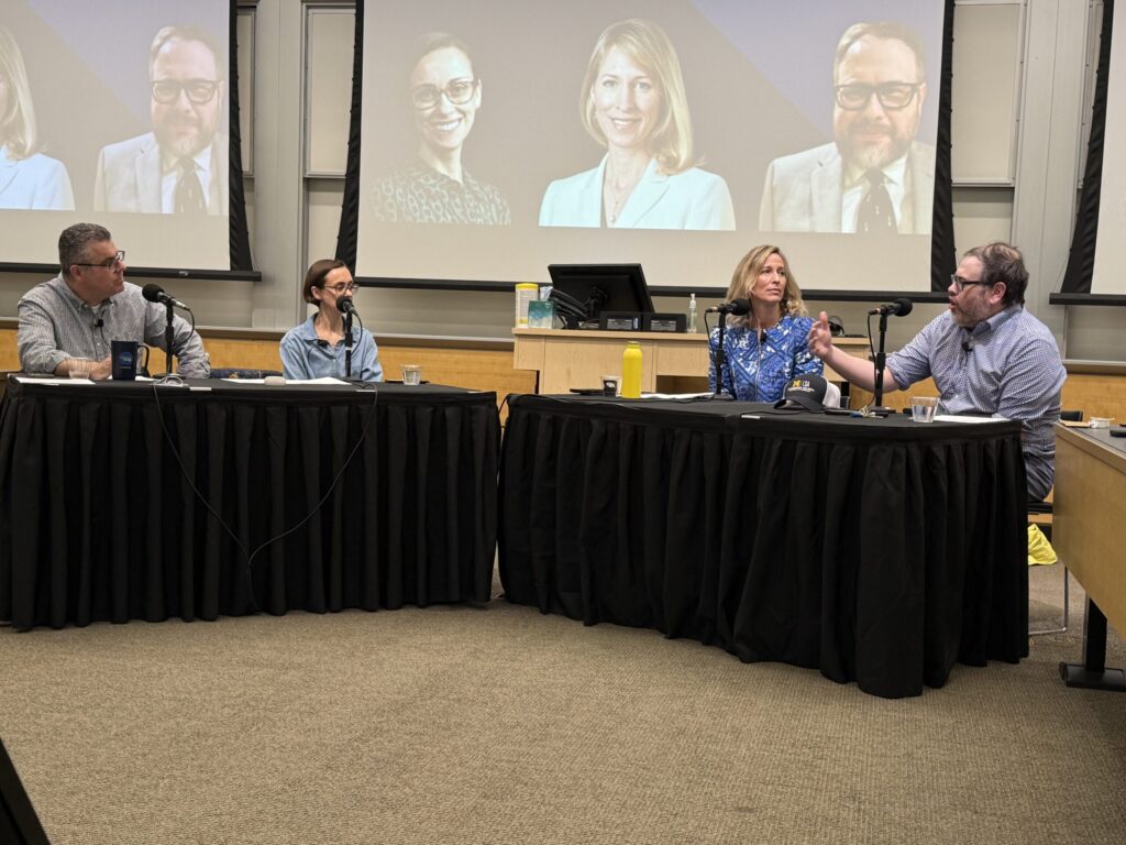 University of Michigan communication experts share their insights during a live recording of the Business & Society podcast on May 14, 2025, at the Maize X Blue Marketing and Communications Summit. From left: Jeff Karoub of Michigan News, Yanna Krupnikov of the College of Literature, Science, and Arts, Sarah Zimmerman of the Ross School of Business, and John Barry Ryan of LSA. Photo by Jared Wadley.