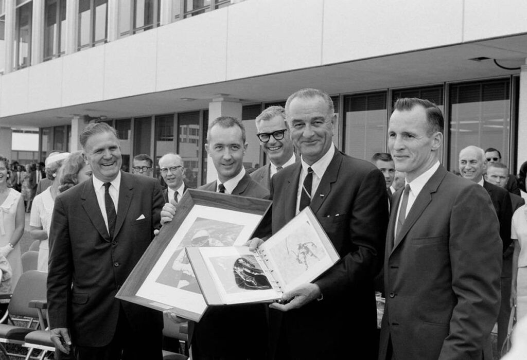 Astronauts Edward White and James McDivitt with U.S. President Lyndon B. Johnson in 1965.