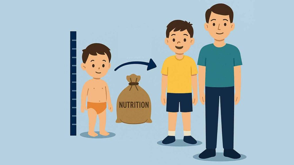 Concept illustration of increased nutrition in young children can impact adult height. Image credit: Nicole Smith, made with ChatGPT