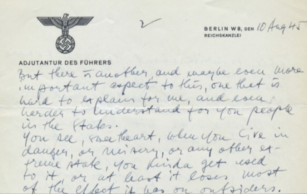 From the Traugott archive, a letter home on the pilfered stationery of the "Adjutantur Des Führers," August 10, 1945. Image courtesy: Traugott archive