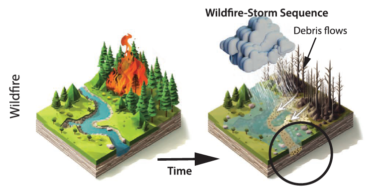 A graphic illustrates the wildfire-storm sequence of linked hazards. A wildfire starts in a forest filled with green trees next to a river. After the fire, a second panel is shown where a storm rains on the burnt landscape that cannot stop rain and debris from flooding the river and altering its path.