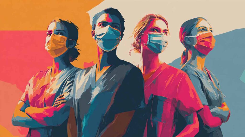 Concept illustration of four nurses. Image credit: Nicole Smith, made with Midjourney
