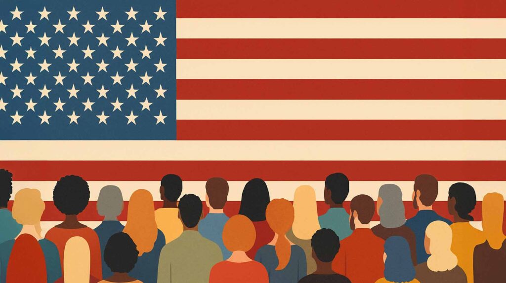 Illustration of a diverse group of Americans looking at the flag. Image credit: Nicole Smith, made with ChatGPT