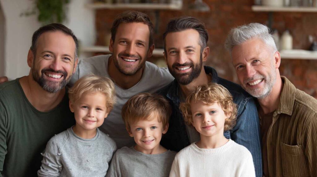 Concept photo of three dads and their sons. Image credit: Nicole Smith, made with Midjourney