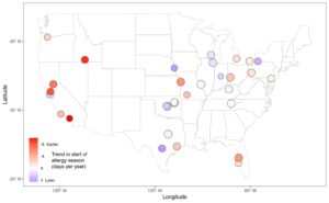 &nbsp;Research led by the University of Michigan showed how the timing of fungal spore allergy season has changed across the country over the past two decades, driven by climate change. Although the trend varies across areas, the spore allergy season on average has started 22 days earlier over two decades. Credit: R. Wu et al., GeoHealth, 2025, DOI: 10.1029/2024GH001323