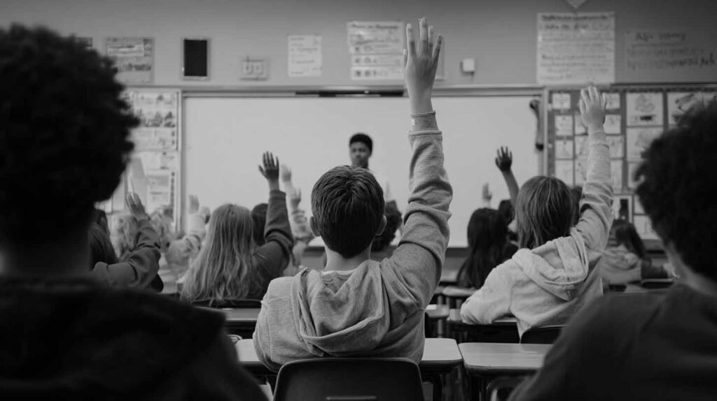 Concept photo of a classroom with students and a teacher conducting a lesson. Image credit: Nicole Smith, made with Midjourney
